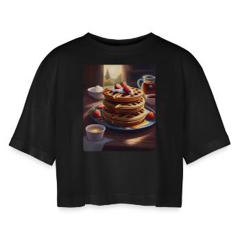 Ontbijt pannenkoeken - Vrouwen oversized cropped T-shirt - zwart - Voor - AI Model Female 172 light (172cm)