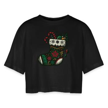 Christmas Stocking - Women’s Oversized Cropped T-Shirt - black - Front - AI Model Female 172 light (172cm)