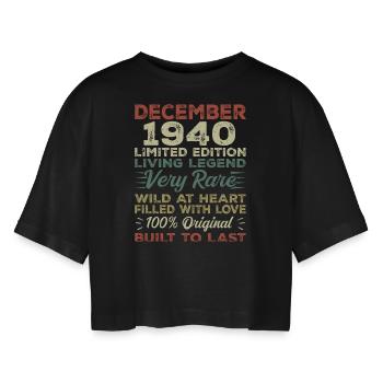 December 1940 - birthday December 1940 year - Women’s Oversized Cropped T-Shirt - black - Front - AI Model Female 172 light (172cm)