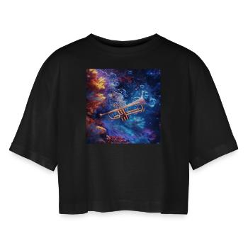 Trompete - Frauen Oversized Cropped T-Shirt - Schwarz - Vorne - AI Model Female 172 light (172cm)