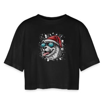 Robbe Tier Weihnachten Lustig - Frauen Oversized Cropped T-Shirt - Schwarz - Vorne - AI Model Female 172 light (172cm)