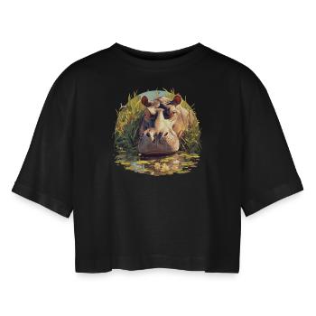 Nilpferd Flußpferd - Frauen Oversized Cropped T-Shirt - Schwarz - Vorne - AI Model Female 172 light (172cm)