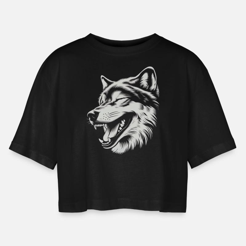 Lachender 🐺 Wolf - Frauen Oversized Cropped T-Shirt - Schwarz