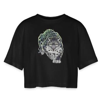 Schneeleopard Leopard Raubkatze - Frauen Oversized Cropped T-Shirt - Schwarz - Vorne - AI Model Female 172 light (172cm)