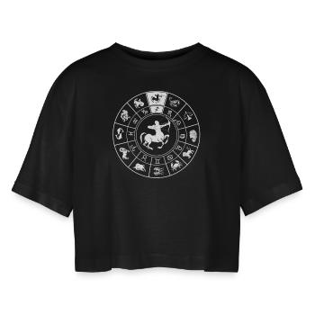 Sternzeichen Schütze - Frauen Oversized Cropped T-Shirt - Schwarz - Vorne - AI Model Female 172 light (172cm)