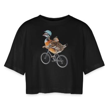 Auerhahn - Frauen Oversized Cropped T-Shirt - Schwarz - Vorne - AI Model Female 172 light (172cm)