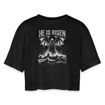 Er ist auferstanden, alter Cthulhu - Frauen Oversized Cropped T-Shirt - Schwarz - Vorne - AI Model Female 172 light (172cm)