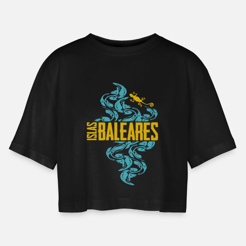 Balearic Islands Waves Pattern - Women’s Oversized Cropped T-Shirt - black