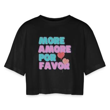 More Amore Pore Favor - mehr Liebe bitte - Frauen Oversized Cropped T-Shirt - Schwarz - Vorne - AI Model Female 172 light (172cm)