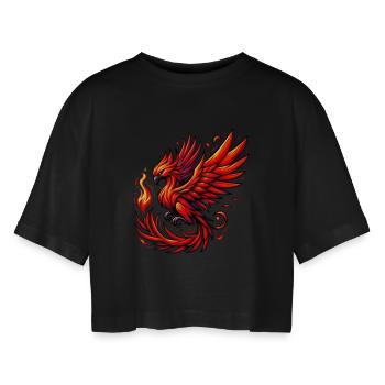 Roter Phönix - Frauen Oversized Cropped T-Shirt - Schwarz - Vorne - AI Model Female 172 light (172cm)