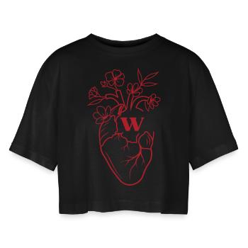 Buchstabe w Rote Blumen Anatomie Herz - Frauen Oversized Cropped T-Shirt - Schwarz - Vorne - AI Model Female 172 light (172cm)