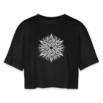 Tattoo composition of stars and flames - Women’s Oversized Cropped T-Shirt - black - Front - AI Model Female 172 light (172cm)