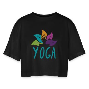 Vibrant Lotus Yoga Embrace - Frauen Oversized Cropped T-Shirt - Schwarz - Vorne - AI Model Female 172 light (172cm)