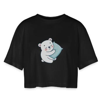 Weicher Bär und blaues Kissen - Frauen Oversized Cropped T-Shirt - Schwarz - Vorne - AI Model Female 172 light (172cm)