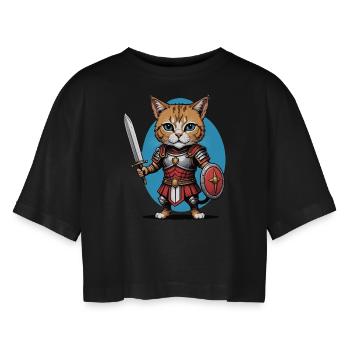 Cat Roman Warrior Cat Gift - Women’s Oversized Cropped T-Shirt - black - Front - AI Model Female 172 light (172cm)