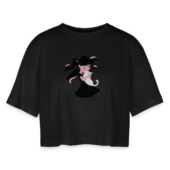 💖 Ich mag dich sehr... aber ich bevorzuge meine Katze - Frauen Oversized Cropped T-Shirt - Schwarz - Vorne - AI Model Female 172 light (172cm)