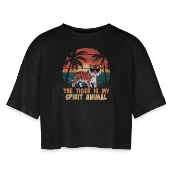 The tiger is my spiritual companion - Women’s Oversized Cropped T-Shirt - black - Front - AI Model Female 172 light (172cm)