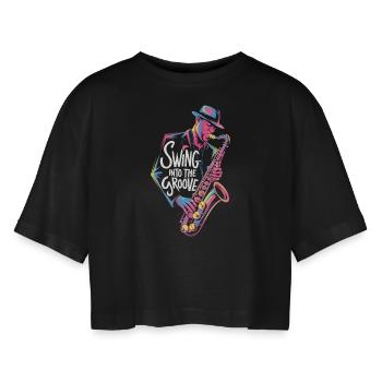 Jazz: Swing Into The Groove with Saxophone - Women’s Oversized Cropped T-Shirt - black - Front - AI Model Female 172 light (172cm)