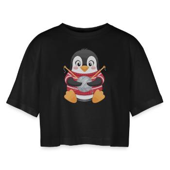 Niedlicher Pinguin Stricken Motiv - Frauen Oversized Cropped T-Shirt - Schwarz - Vorne - AI Model Female 172 light (172cm)