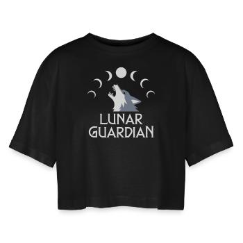 Lunar Guardian Wolf Und Mondphasen - Frauen Oversized Cropped T-Shirt - Schwarz - Vorne - AI Model Female 172 light (172cm)