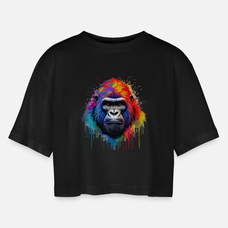 Regenbogen-Gorilla Kunst-Splash - Frauen Oversized Cropped T-Shirt - Schwarz