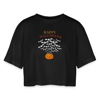 Happy Halloween/ Pumkin blows out bats - Frauen Oversized Cropped T-Shirt - Schwarz - Vorne - AI Model Female 172 light (172cm)