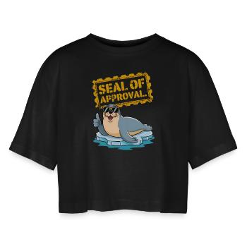 Gütesiegel - Frauen Oversized Cropped T-Shirt - Schwarz - Vorne - AI Model Female 172 light (172cm)