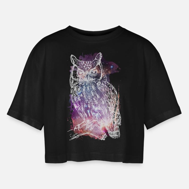 Die kosmische Eule - Frauen Oversized Cropped T-Shirt - Schwarz