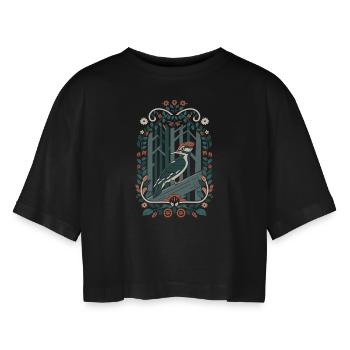Cottagecore Woodpecker in the Magical Forest - Women’s Oversized Cropped T-Shirt - black - Front - AI Model Female 172 light (172cm)