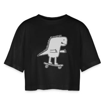 Dino Skateboard Cartoon, Cool Dinosaur Nerd Kids - Women’s Oversized Cropped T-Shirt - black - Front - AI Model Female 172 light (172cm)