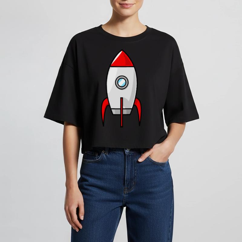 Rocket Rocket Space Shuttle UFO Spacecraft Moon Women’s Oversized Cropped T-Shirt