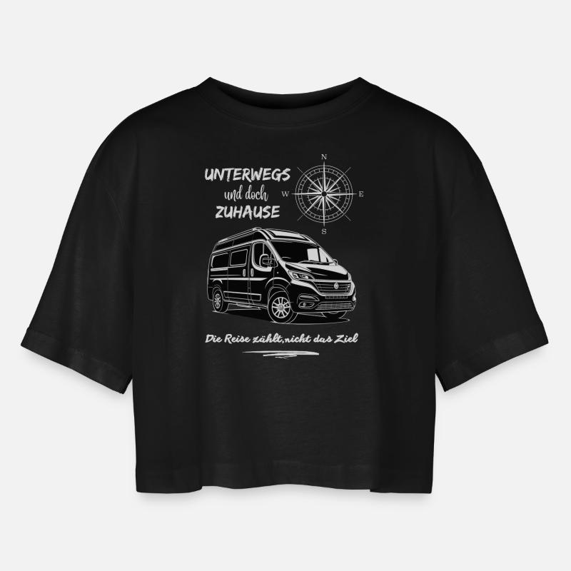 Camping Van Motorhome Saying with Compass - Women’s Oversized Cropped T-Shirt - black