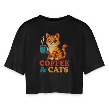 Café et chats – Le début de journée parfait - T-shirt court oversize Femme - noir - Devant - AI Model Female 172 light (172cm)