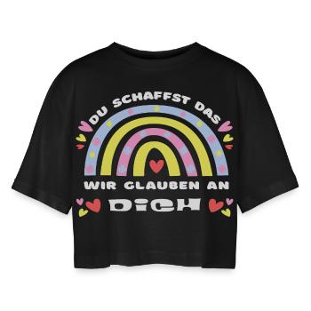 GLÜCKSBRINGER Du schaffst das! Wir glauben an dich - Frauen Oversized Cropped T-Shirt - Schwarz - Vorne - AI Model Female 172 light (172cm)