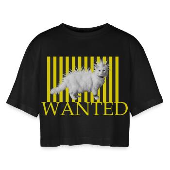 Wanted Punk katze auf gelben Streifen - Frauen Oversized Cropped T-Shirt - Schwarz - Vorne - AI Model Female 172 light (172cm)