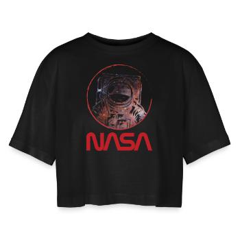 NASA Logo Und Astronaut Im Galaxie-Design - Frauen Oversized Cropped T-Shirt - Schwarz - Vorne - AI Model Female 172 light (172cm)