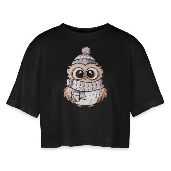 Niedliche Eule mit Schal und Pudelmütze. - Frauen Oversized Cropped T-Shirt - Schwarz - Vorne - AI Model Female 172 light (172cm)