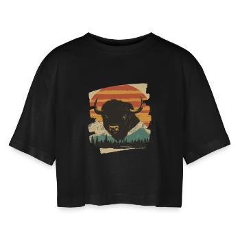 Bison Retro - Frauen Oversized Cropped T-Shirt - Schwarz - Vorne - AI Model Female 172 light (172cm)