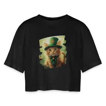 St Patricks day Katze - Frauen Oversized Cropped T-Shirt - Schwarz - Vorne - AI Model Female 172 light (172cm)