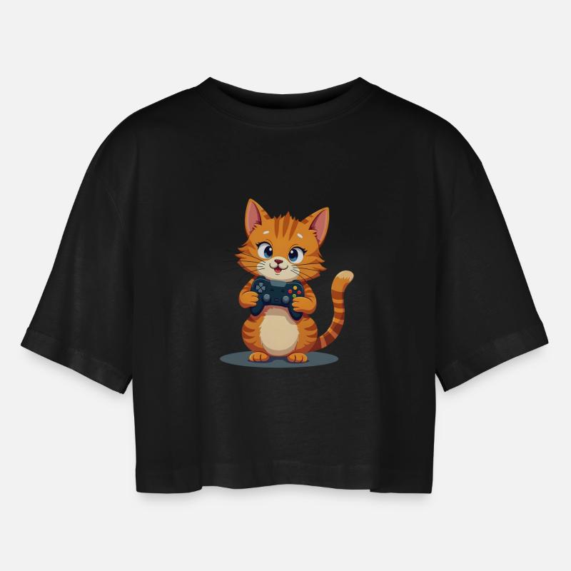 Kitten with game controller - Women’s Oversized Cropped T-Shirt - black