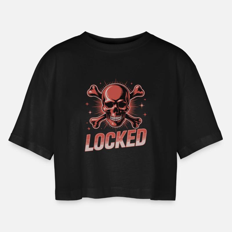 Bold Skull Crossbones with Locked Text - Women’s Oversized Cropped T-Shirt - black