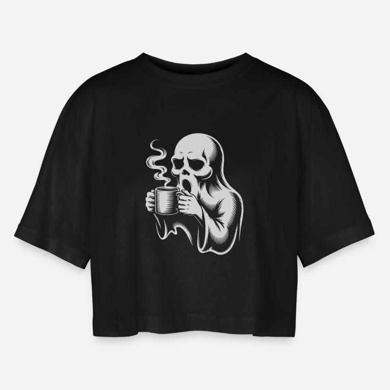 Coffee Ghost Morning Grouch Caffeine - Women’s Oversized Cropped T-Shirt - black