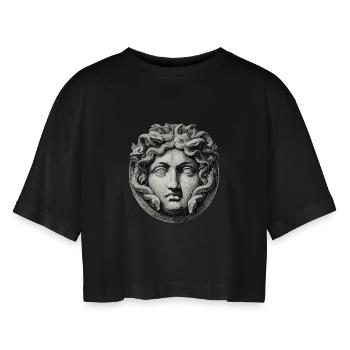 Medusa Kopf - Antik Gravur - Frauen Oversized Cropped T-Shirt - Schwarz - Vorne - AI Model Female 172 light (172cm)