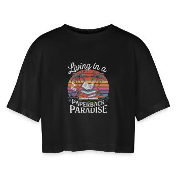 Leben im Taschenbuch-Paradies - Frauen Oversized Cropped T-Shirt - Schwarz - Vorne - AI Model Female 172 light (172cm)