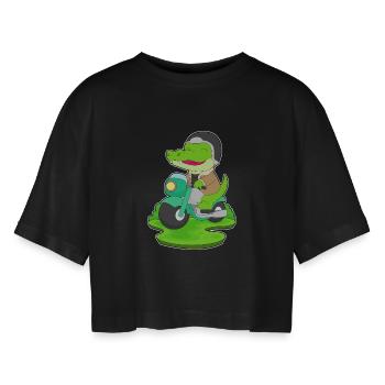 Krokodil Motorroller - Frauen Oversized Cropped T-Shirt - Schwarz - Vorne - AI Model Female 172 light (172cm)