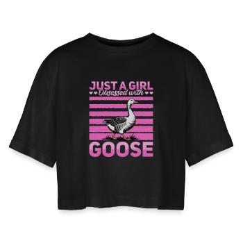 Drôle d’oiseau oie - T-shirt court oversize Femme - noir - Devant - AI Model Female 172 light (172cm)