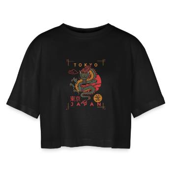 Colorful Fire Dragon with Tokyo and Japan Characters - Women’s Oversized Cropped T-Shirt - black - Front - AI Model Female 172 light (172cm)