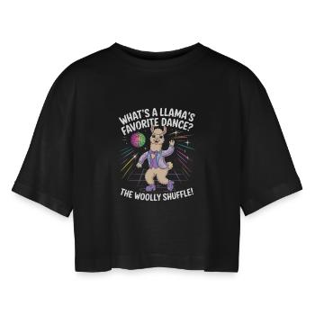 Fun Llama Dance: The Woolly Shuffle - Women’s Oversized Cropped T-Shirt - black - Front - AI Model Female 172 light (172cm)