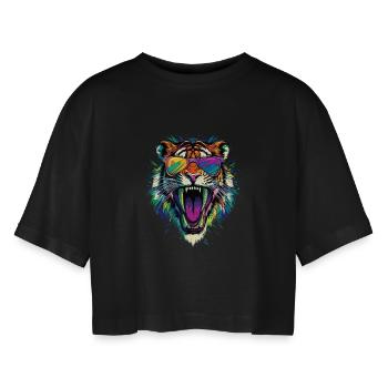 Säbelzahntiger Smilodon Raubkatze Säbelzahn Tiger - Frauen Oversized Cropped T-Shirt - Schwarz - Vorne - AI Model Female 172 light (172cm)