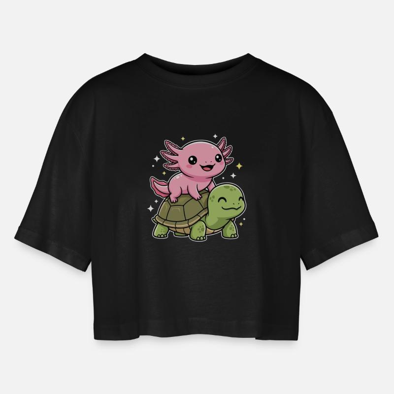 Axolotl and turtle - Women’s Oversized Cropped T-Shirt - black